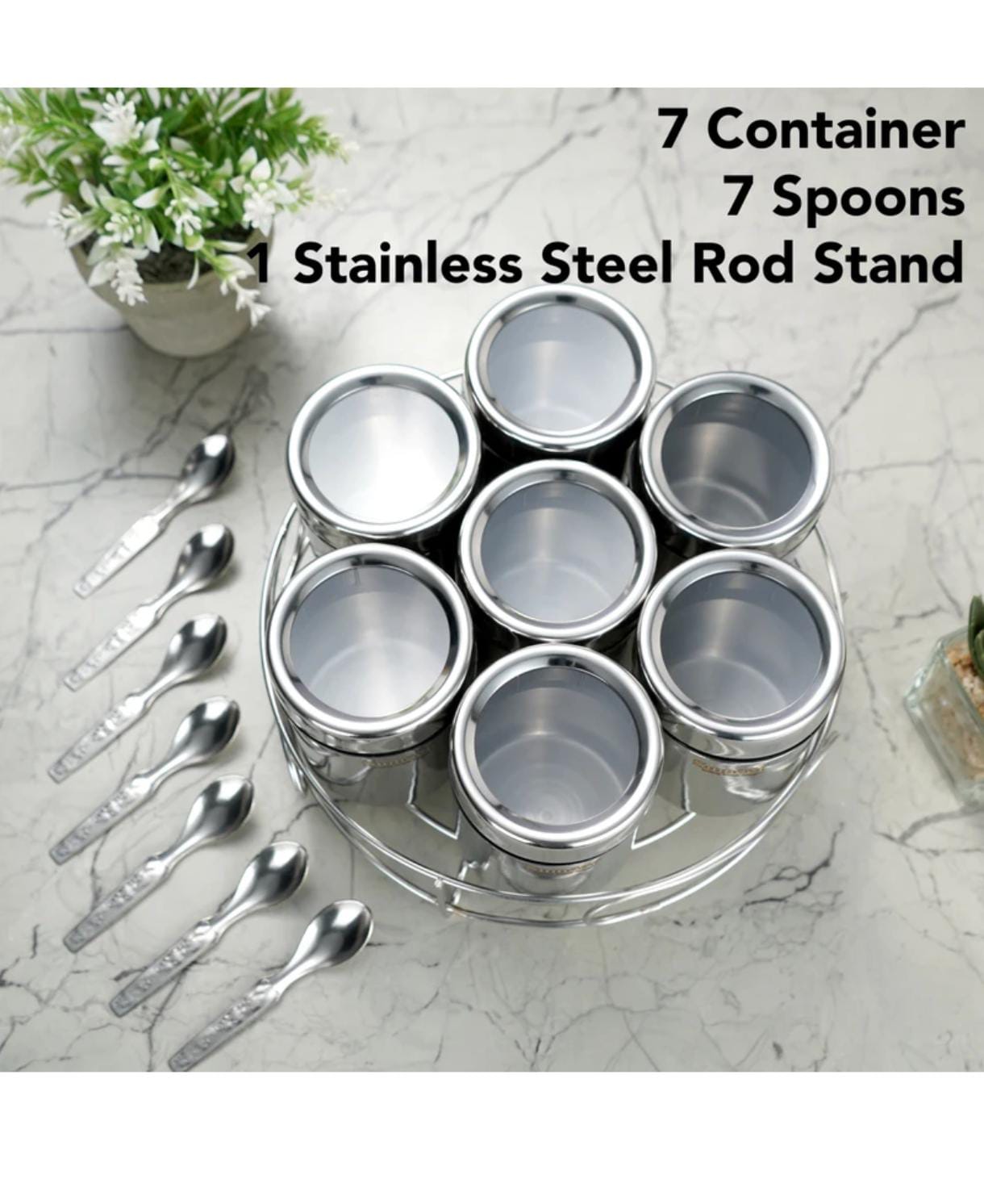 Stainless Steel Masala Box Set – 7 Containers with Spoons & Stand